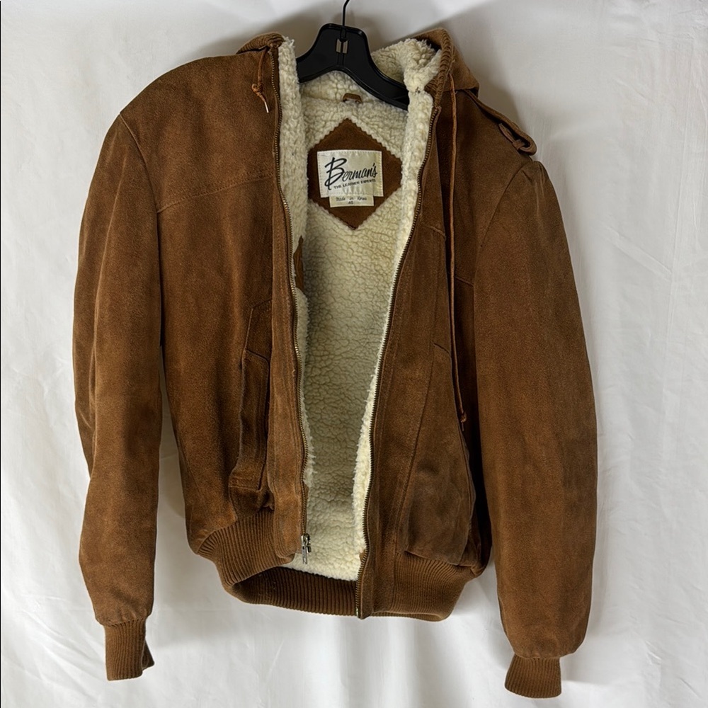 Brown Suede Bomber Jacket with wool Sherpa Lining & attached hood. Size:40/Small